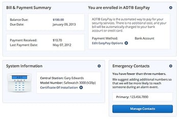 myADT.com account summary screen set up bill pay, emergency contacts